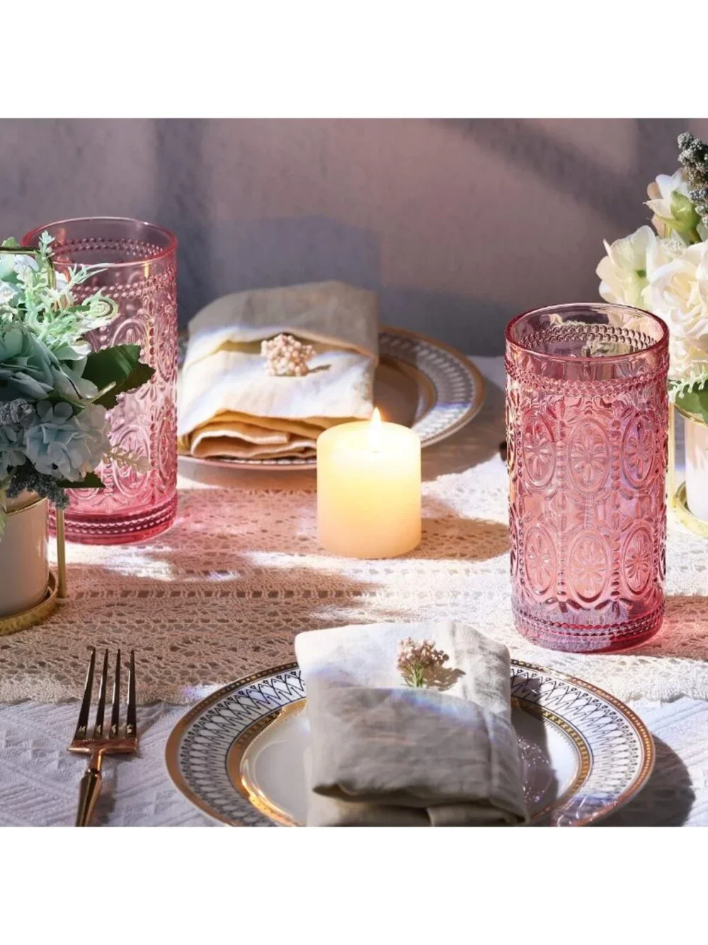 Vintage Pink Highball Glasses Set, 12oz Drinking Glassware, Retro Home Decor